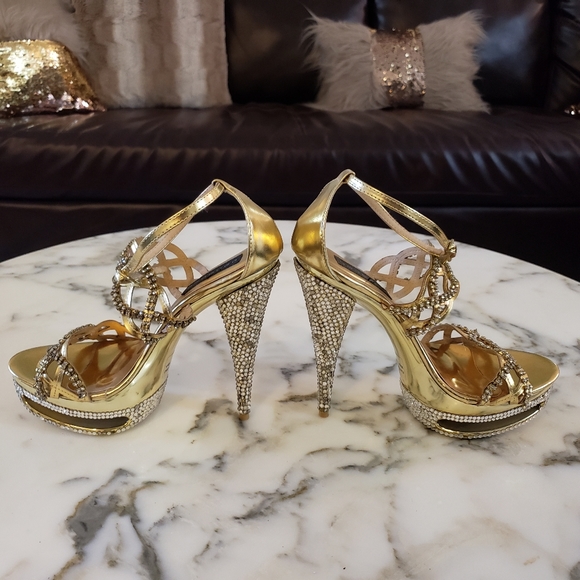 Gold with crystals and rhinestones platform high heel sandal 8.5 - Picture 3 of 6